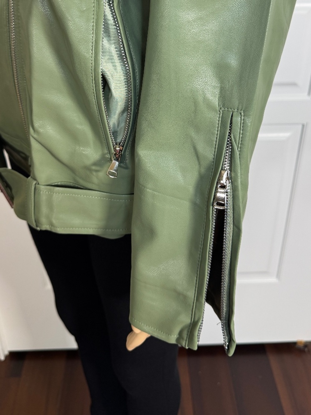 OLIVE GREEN ZIP UP FAUX LEATHER JACKET SIZE S/M - NWOT - Picture 10 of 16